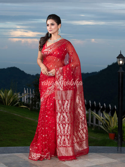 Red Silk Muslin Body and The Hem with Intricate Silver Motifs Design  Handwoven Saree