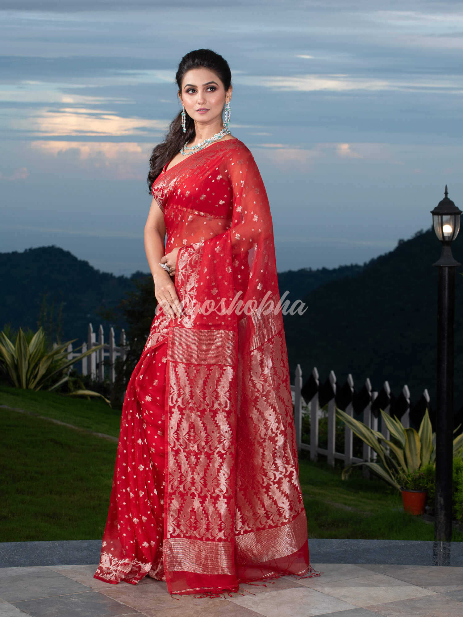 Red Silk Muslin Body and The Hem with Intricate Silver Motifs Design  Handwoven Saree