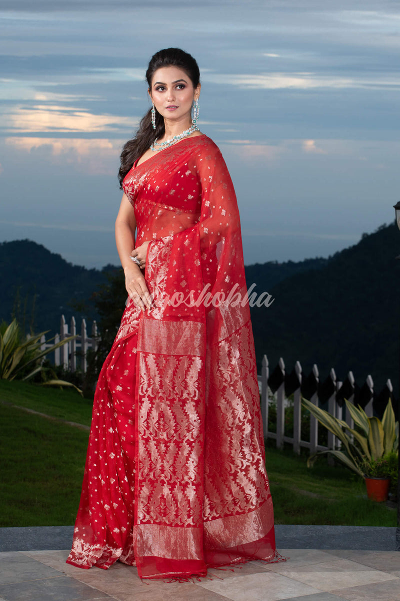 Red Silk Muslin Body and The Hem with Intricate Silver Motifs Design  Handwoven Saree