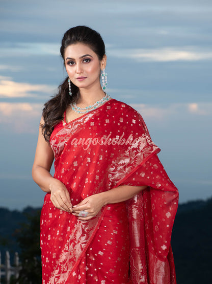 Red Silk Muslin Body and The Hem with Intricate Silver Motifs Design  Handwoven Saree