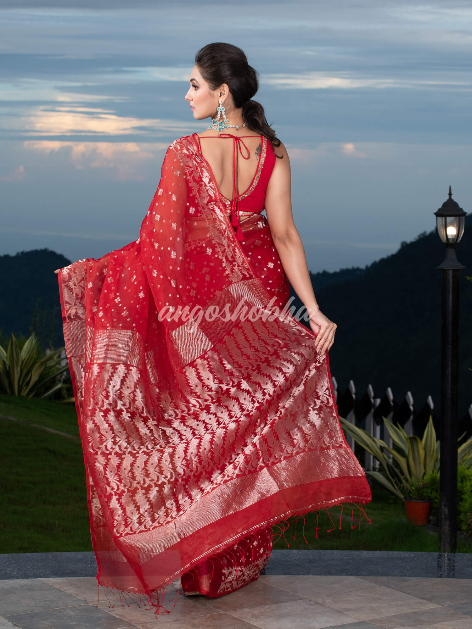 Red Silk Muslin Body and The Hem with Intricate Silver Motifs Design  Handwoven Saree