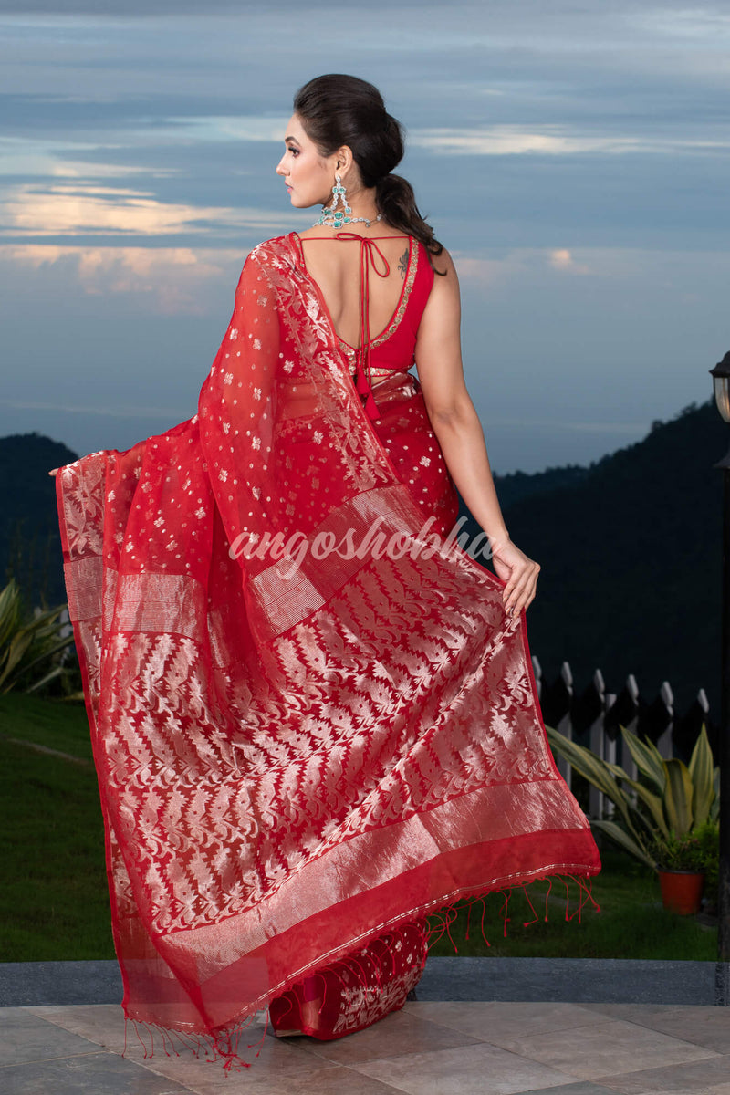 Red Silk Muslin Body and The Hem with Intricate Silver Motifs Design  Handwoven Saree
