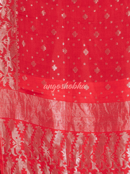 Red Silk Muslin Body and The Hem with Intricate Silver Motifs Design  Handwoven Saree