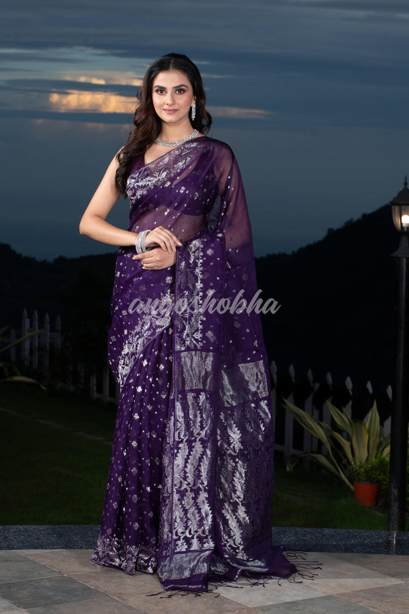 Purple Silk Muslin Body and The Hem with Intricate Silver Motifs Design  Handwoven Saree