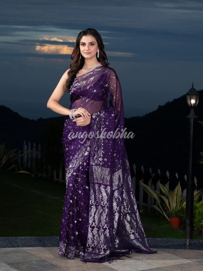 Purple Silk Muslin Body and The Hem with Intricate Silver Motifs Design  Handwoven Saree
