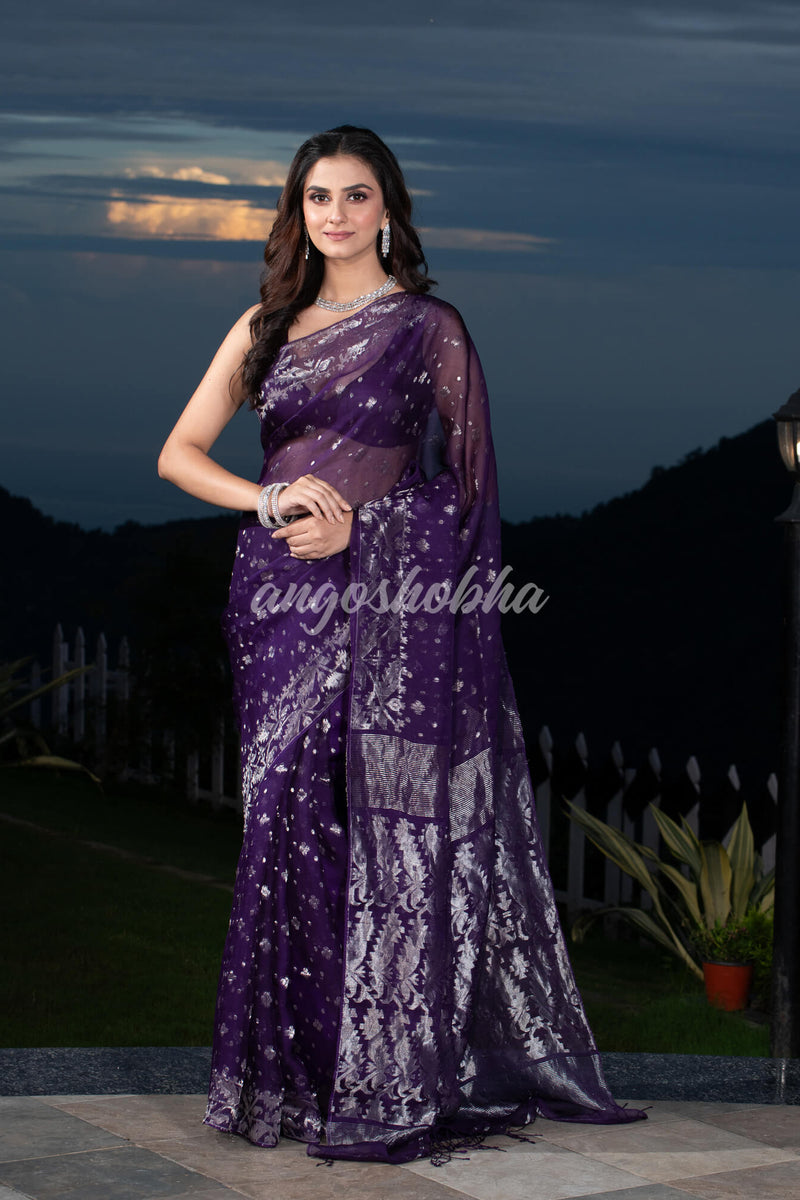 Purple Silk Muslin Body and The Hem with Intricate Silver Motifs Design  Handwoven Saree
