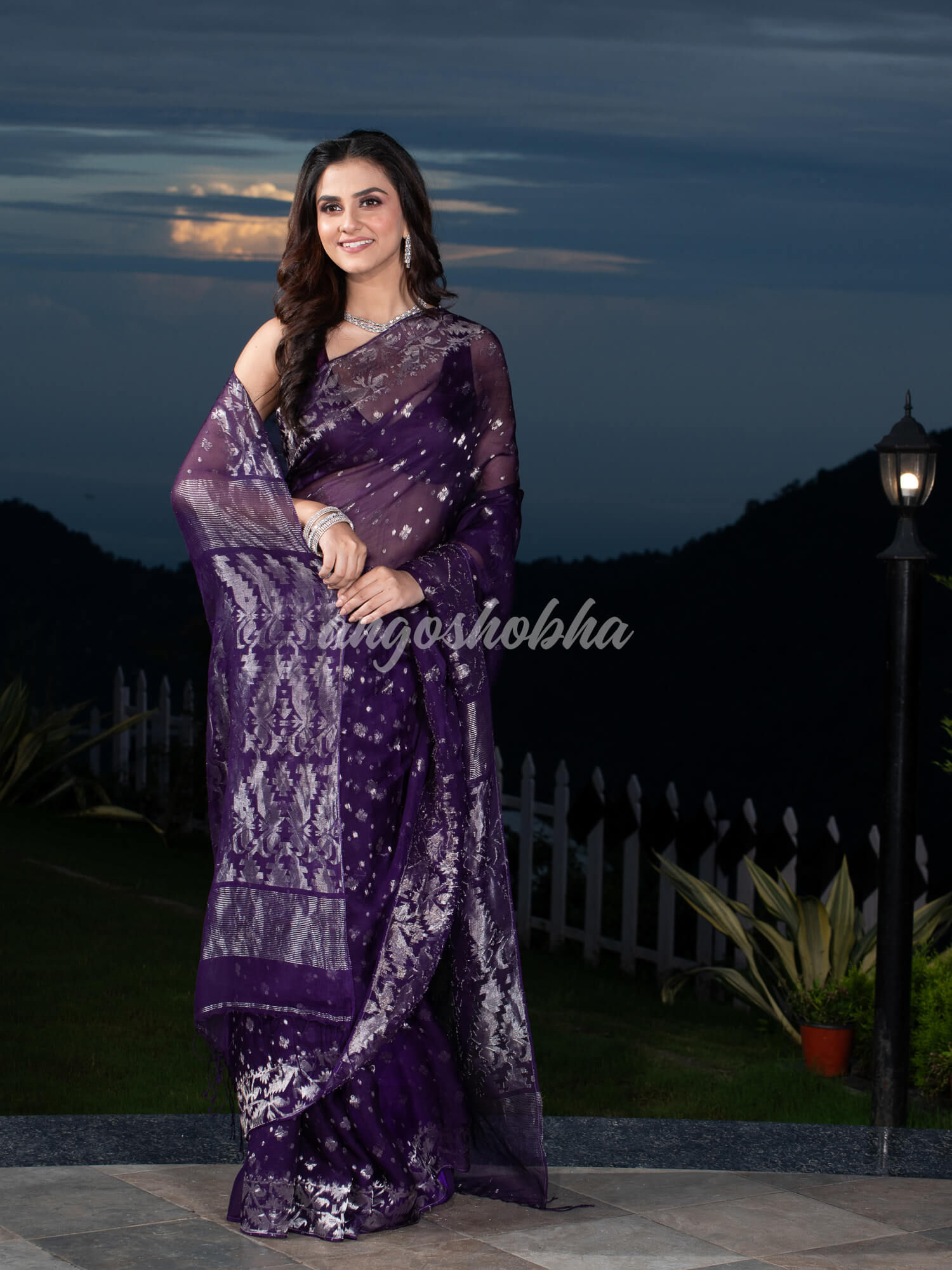 Purple Silk Muslin Body and The Hem with Intricate Silver Motifs Design  Handwoven Saree