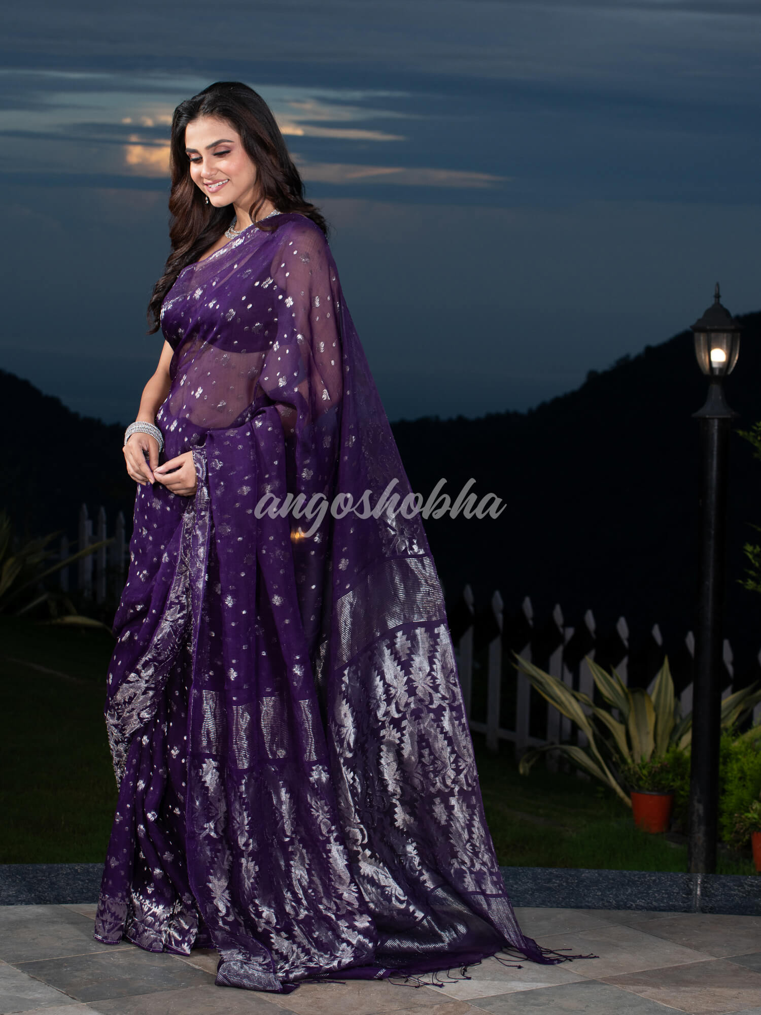 Purple Silk Muslin Body and The Hem with Intricate Silver Motifs Design  Handwoven Saree