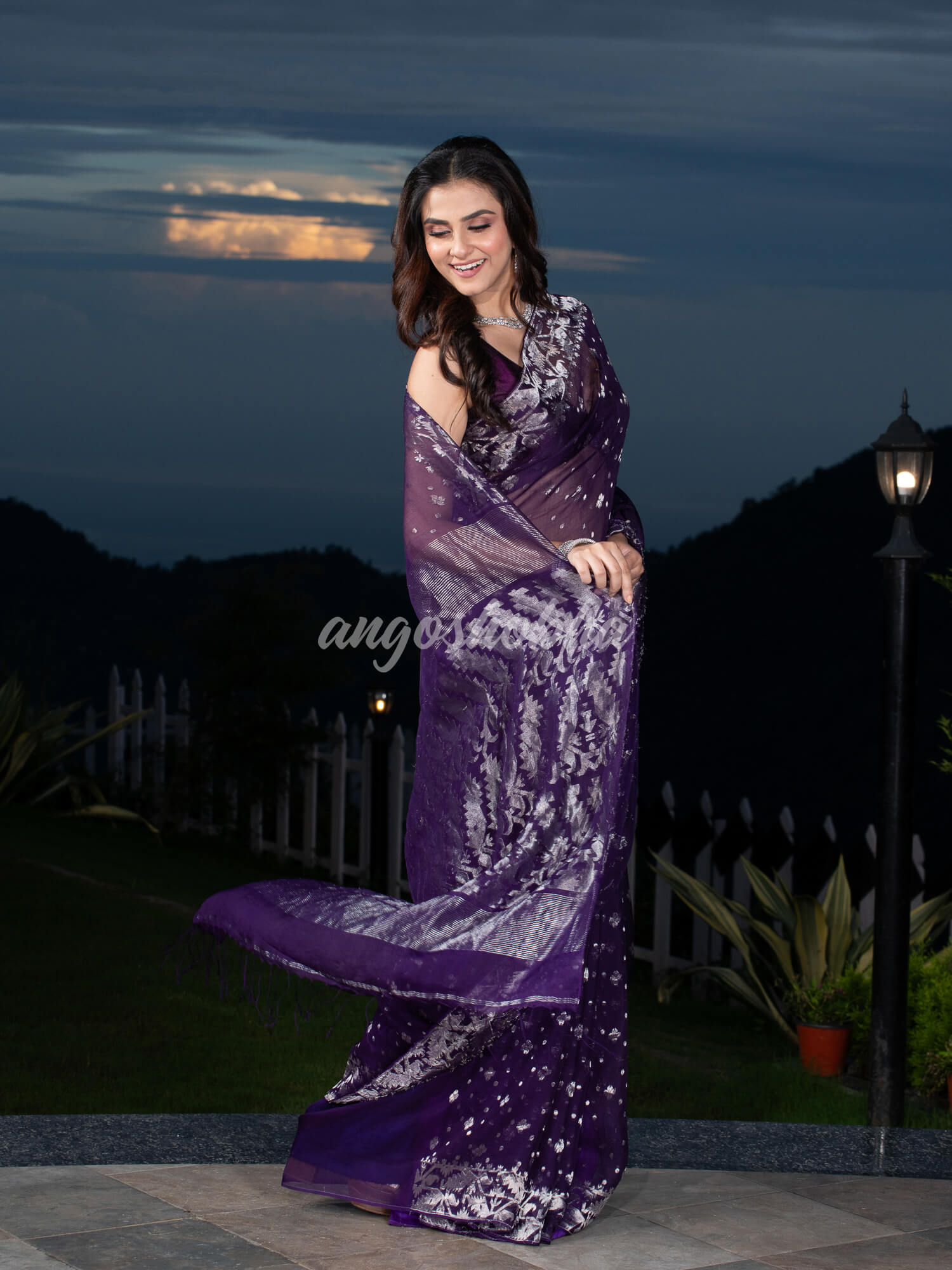 Purple Silk Muslin Body and The Hem with Intricate Silver Motifs Design  Handwoven Saree