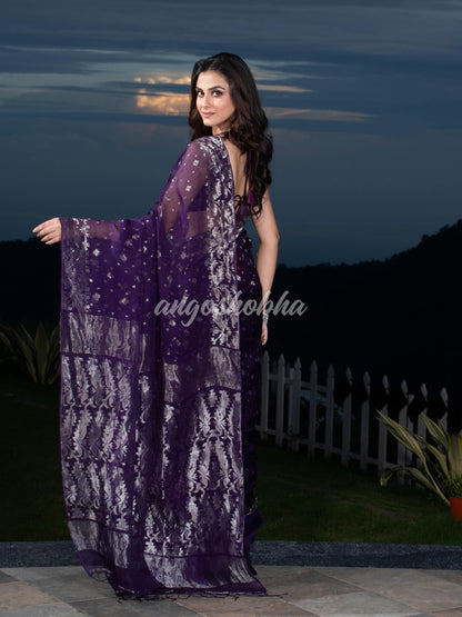 Purple Silk Muslin Body and The Hem with Intricate Silver Motifs Design  Handwoven Saree