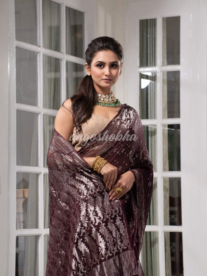 Wine Silk Muslin Body and The Hem with Intricate Silver Motifs Design  Handwoven Saree