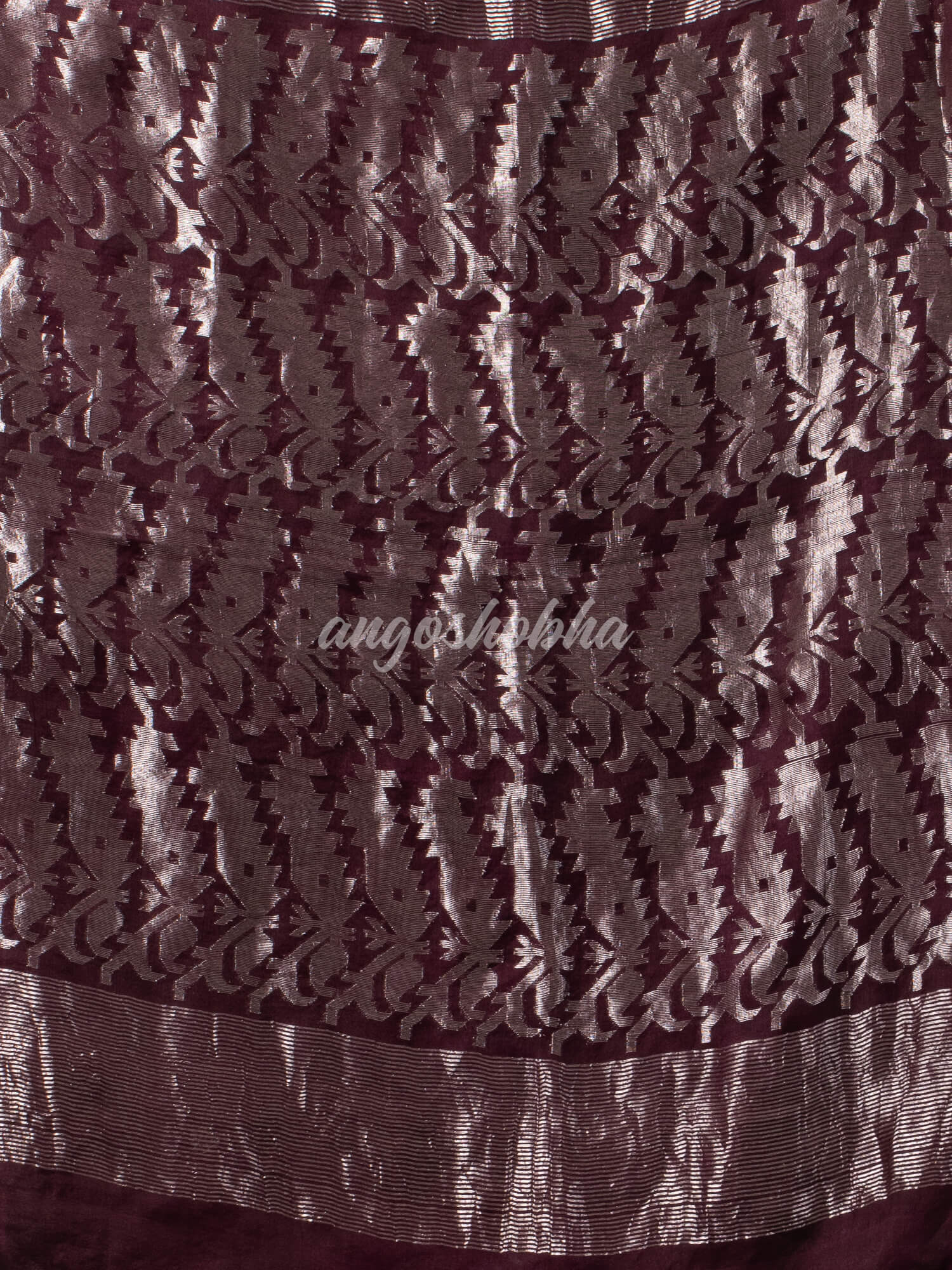 Wine Silk Muslin Body and The Hem with Intricate Silver Motifs Design  Handwoven Saree