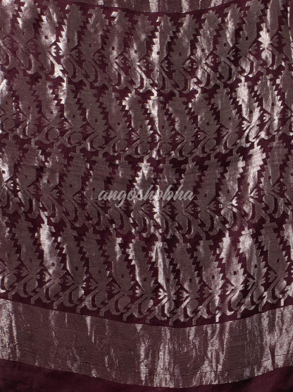 Wine Silk Muslin Body and The Hem with Intricate Silver Motifs Design  Handwoven Saree