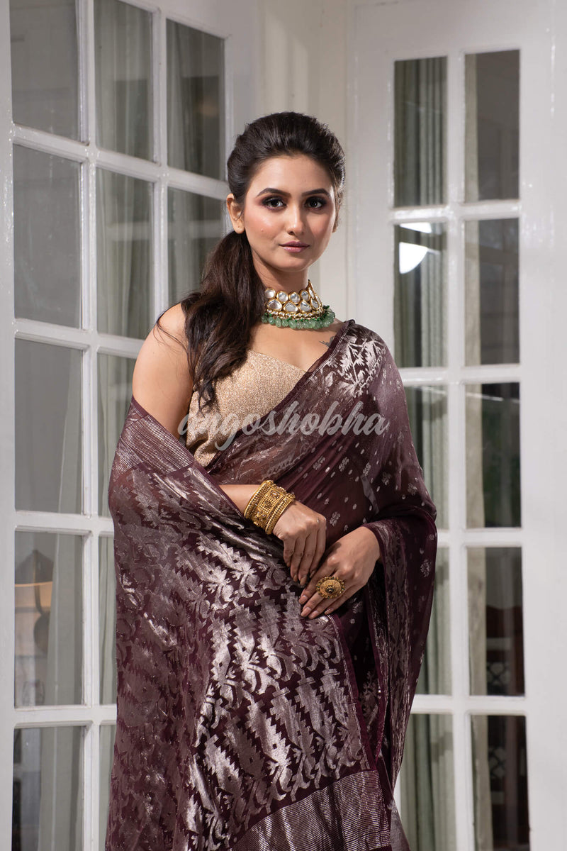Wine Silk Muslin Body and The Hem with Intricate Silver Motifs Design  Handwoven Saree