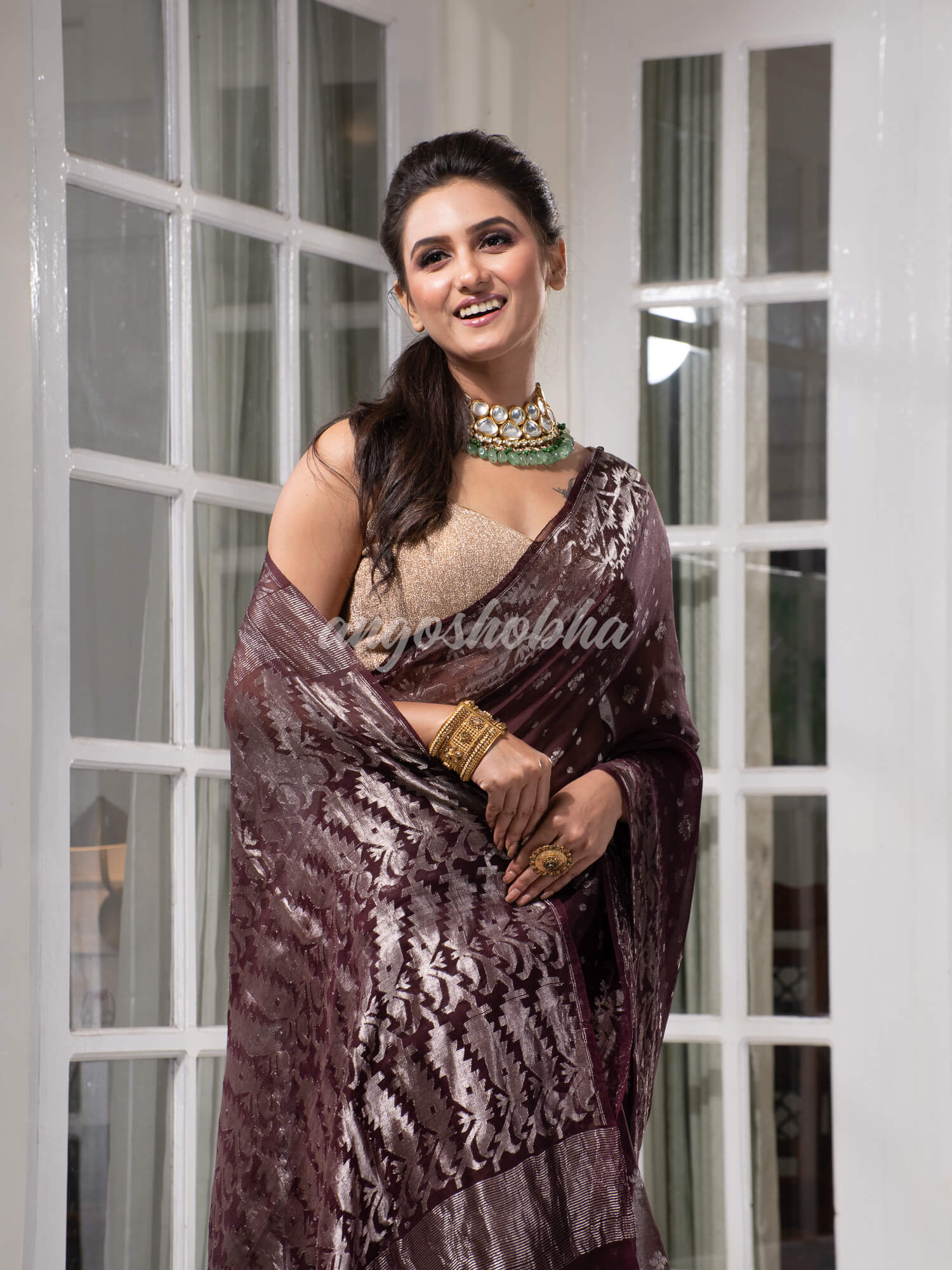 Wine Silk Muslin Body and The Hem with Intricate Silver Motifs Design  Handwoven Saree