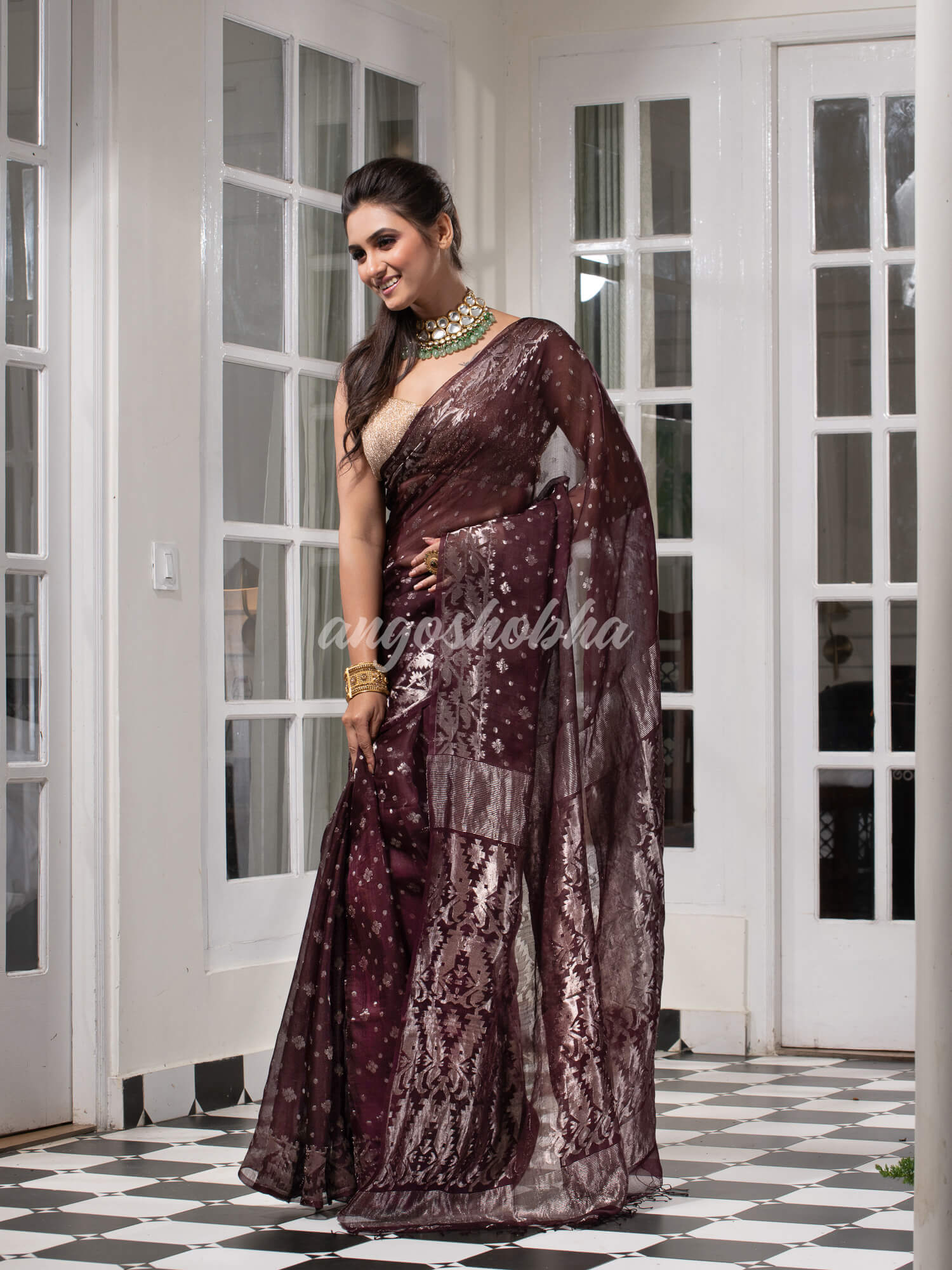 Wine Silk Muslin Body and The Hem with Intricate Silver Motifs Design  Handwoven Saree