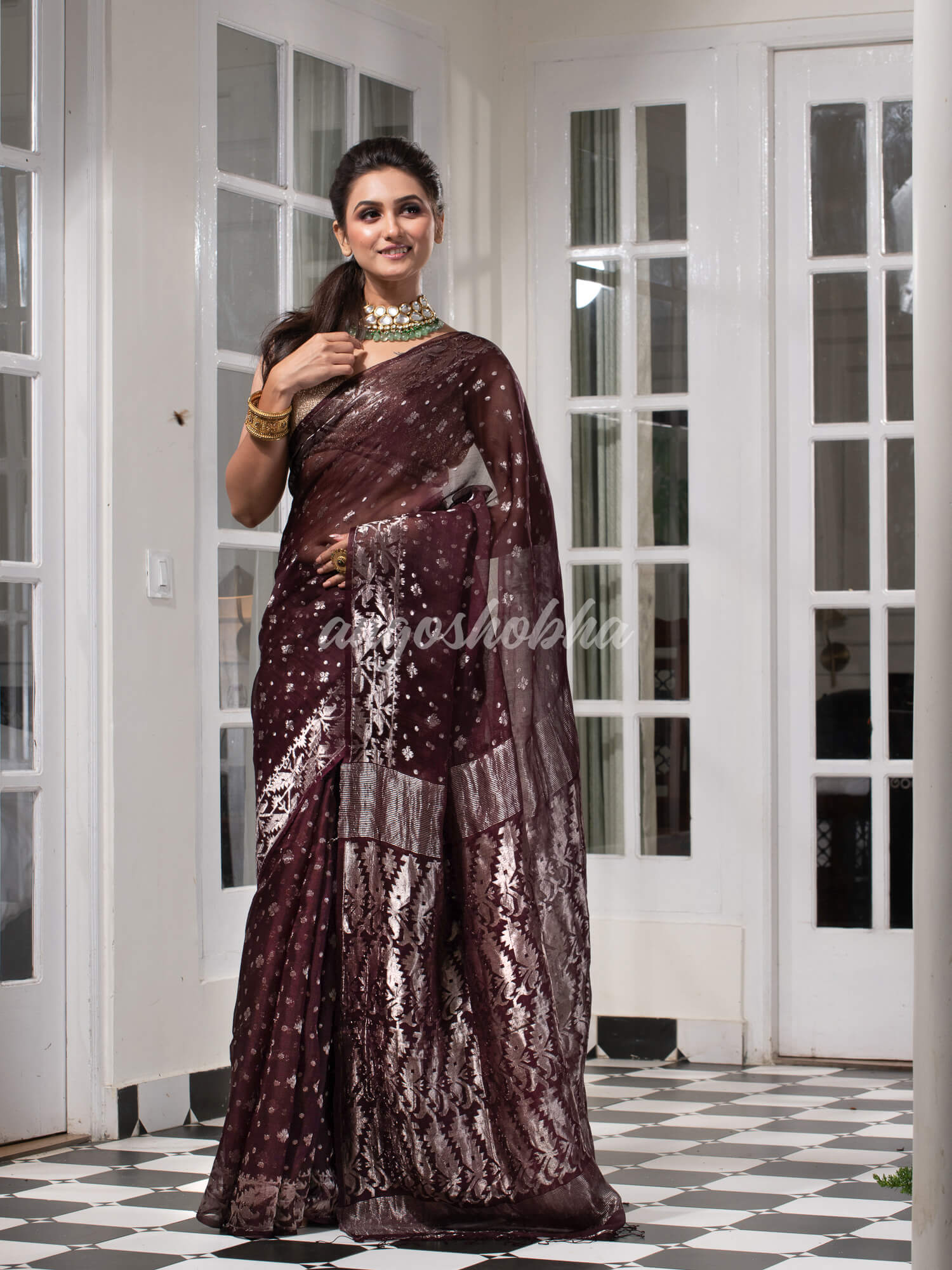 Wine Silk Muslin Body and The Hem with Intricate Silver Motifs Design  Handwoven Saree