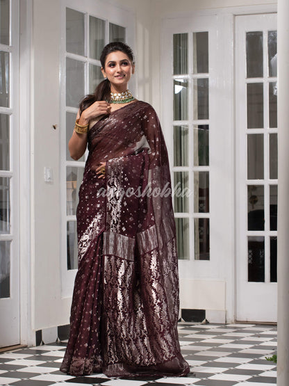 Wine Silk Muslin Body and The Hem with Intricate Silver Motifs Design  Handwoven Saree