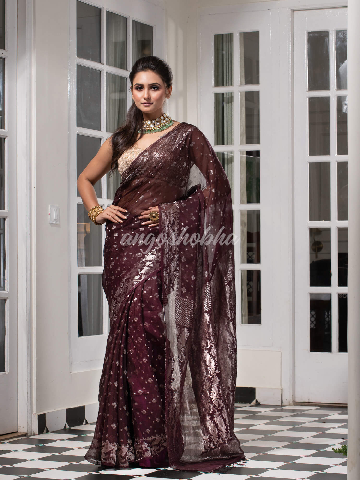 Wine Silk Muslin Body and The Hem with Intricate Silver Motifs Design  Handwoven Saree
