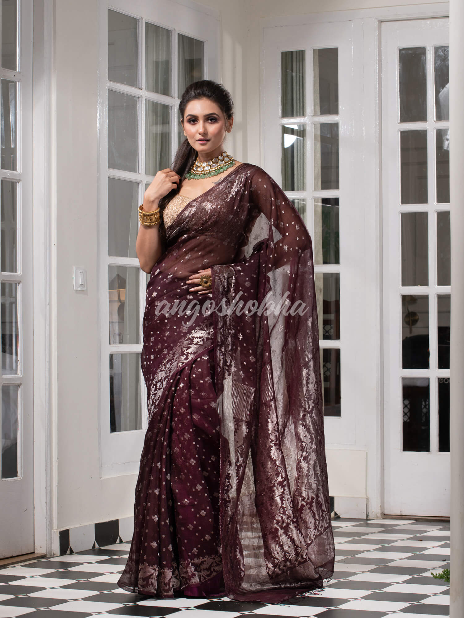 Wine Silk Muslin Body and The Hem with Intricate Silver Motifs Design  Handwoven Saree
