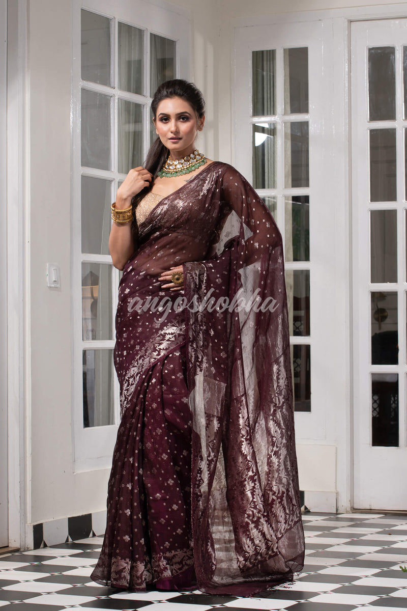 Wine Silk Muslin Body and The Hem with Intricate Silver Motifs Design  Handwoven Saree
