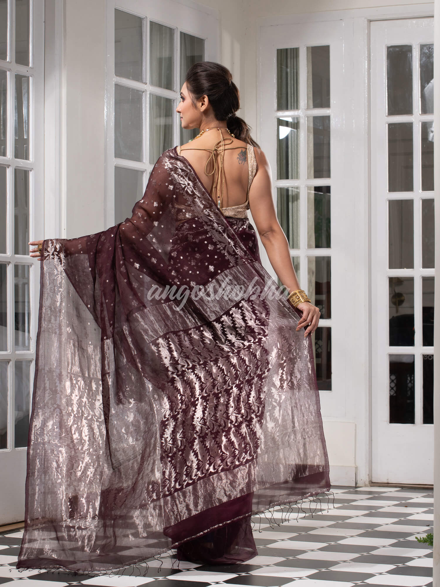 Wine Silk Muslin Body and The Hem with Intricate Silver Motifs Design  Handwoven Saree