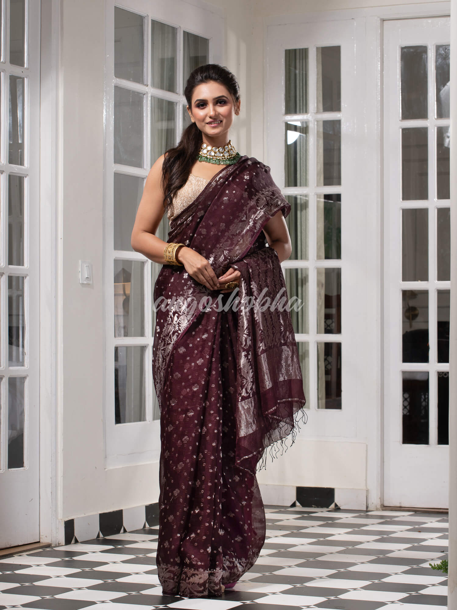Wine Silk Muslin Body and The Hem with Intricate Silver Motifs Design  Handwoven Saree