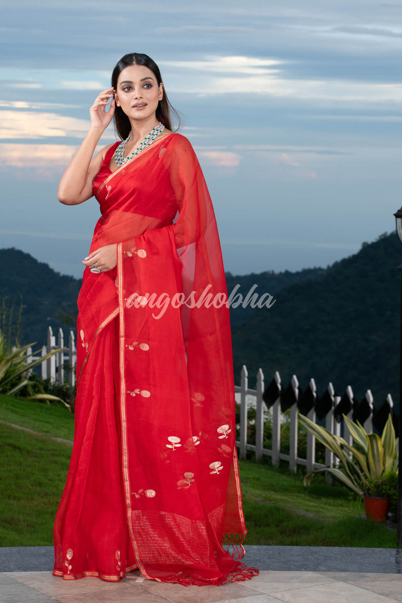 Traditional red Muslin Silk Zari Work Handloom Saree