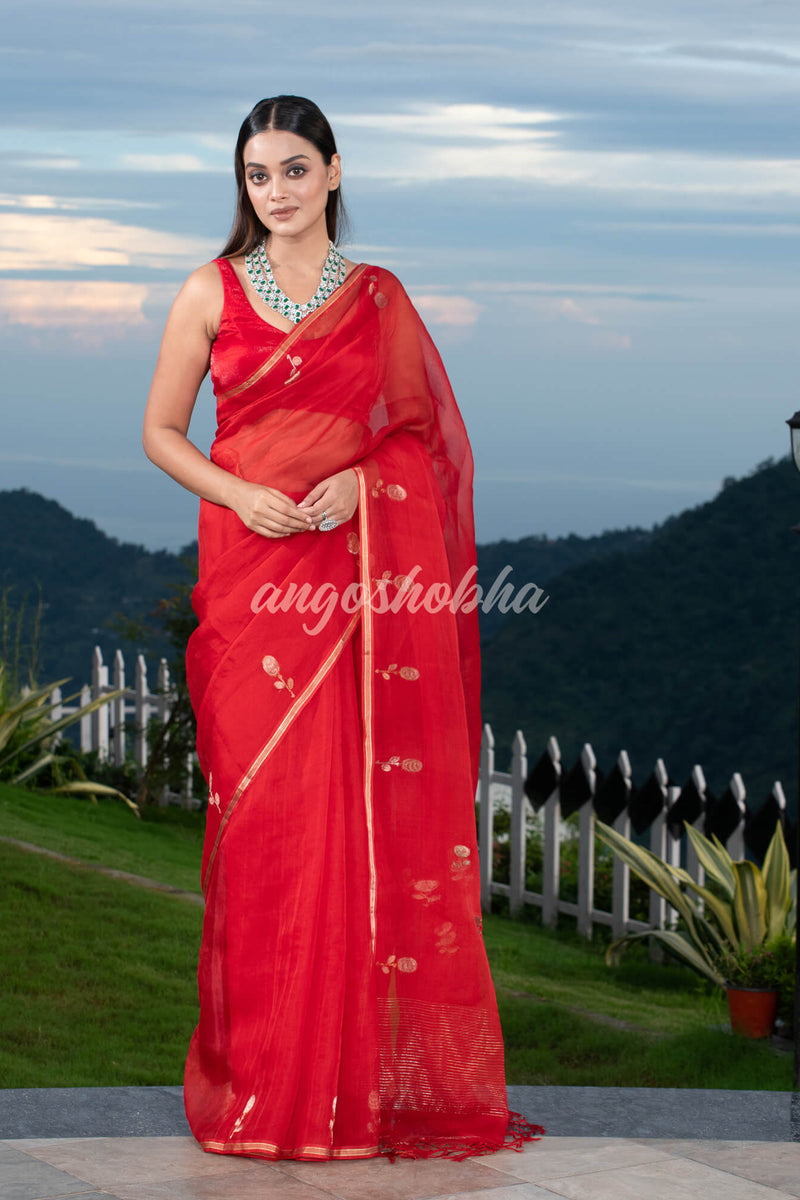 Traditional red Muslin Silk Zari Work Handloom Saree