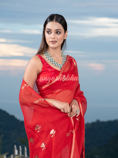 Traditional red Muslin Silk Zari Work Handloom Saree