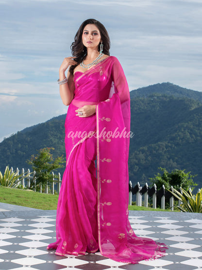 Traditional Pink Muslin Silk Zari Work Handloom Saree