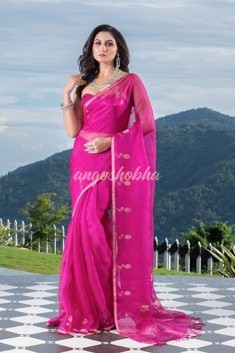 Traditional Pink Muslin Silk Zari Work Handloom Saree