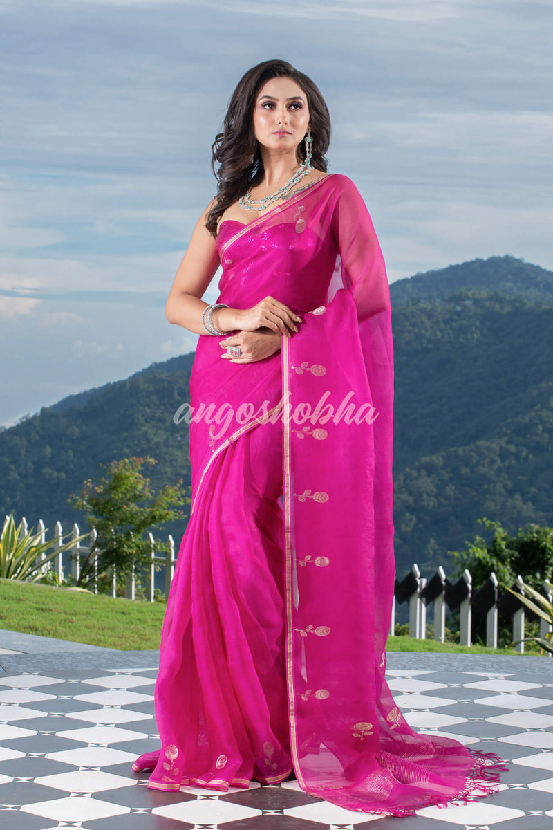Traditional Pink Muslin Silk Zari Work Handloom Saree