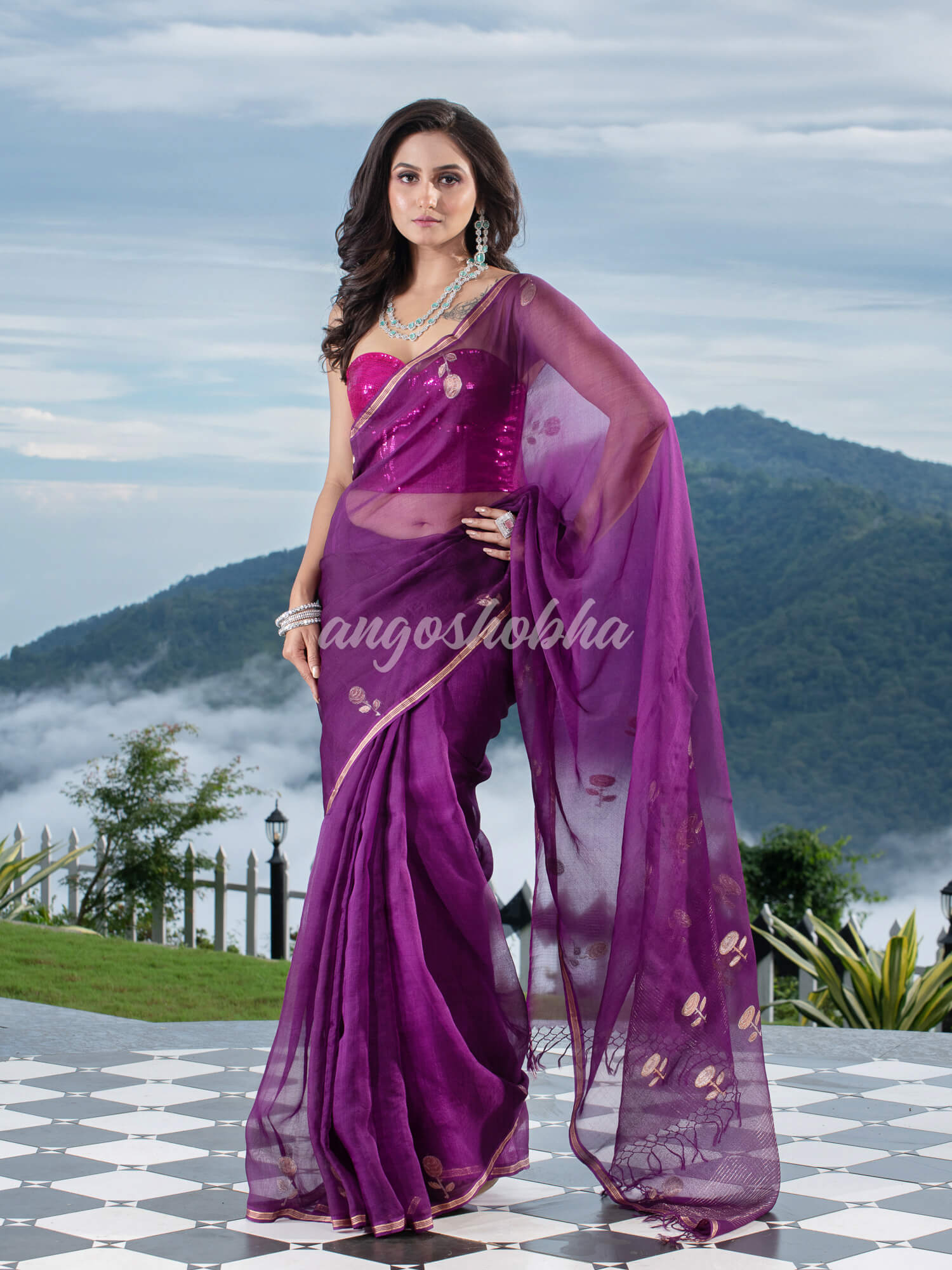 Traditional Purple Muslin Silk Zari Work Handloom Saree