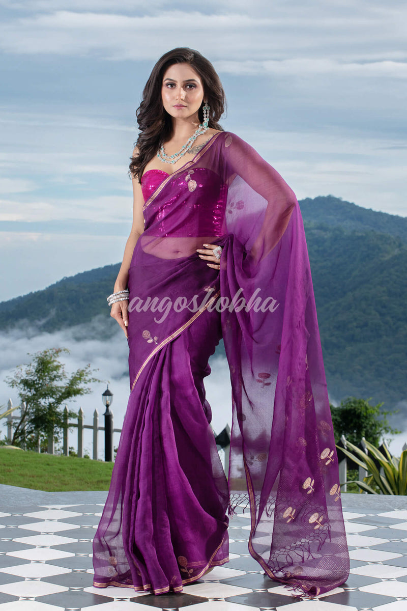 Traditional Purple Muslin Silk Zari Work Handloom Saree