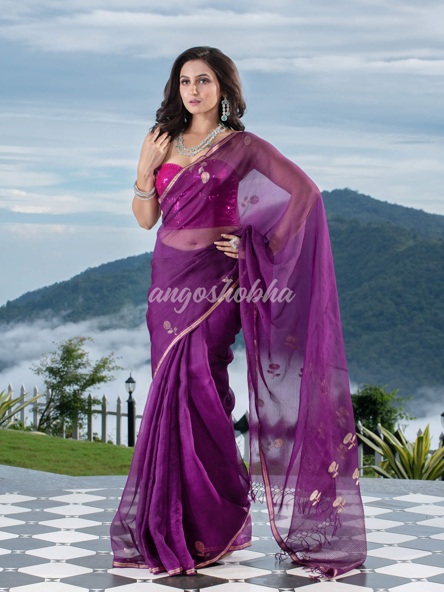 Traditional Purple Muslin Silk Zari Work Handloom Saree