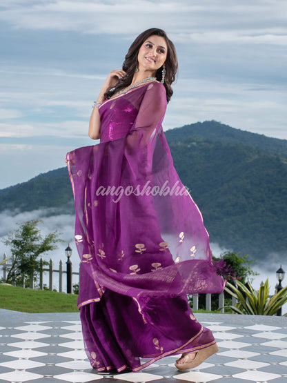 Traditional Purple Muslin Silk Zari Work Handloom Saree
