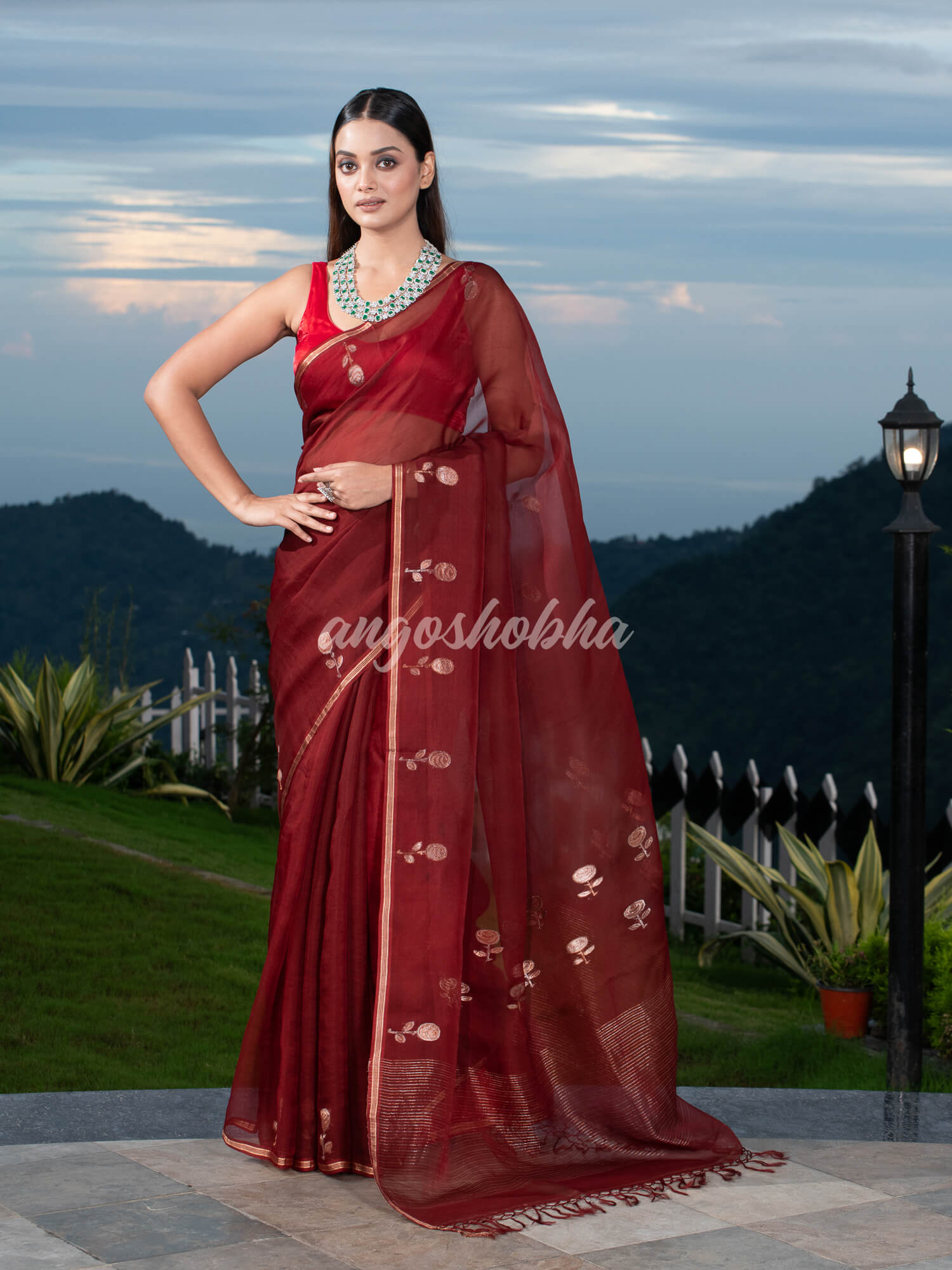 Traditional Marron Muslin Silk Zari Work Handloom Saree