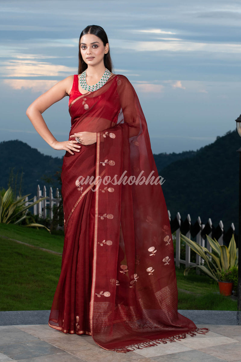 Traditional Marron Muslin Silk Zari Work Handloom Saree