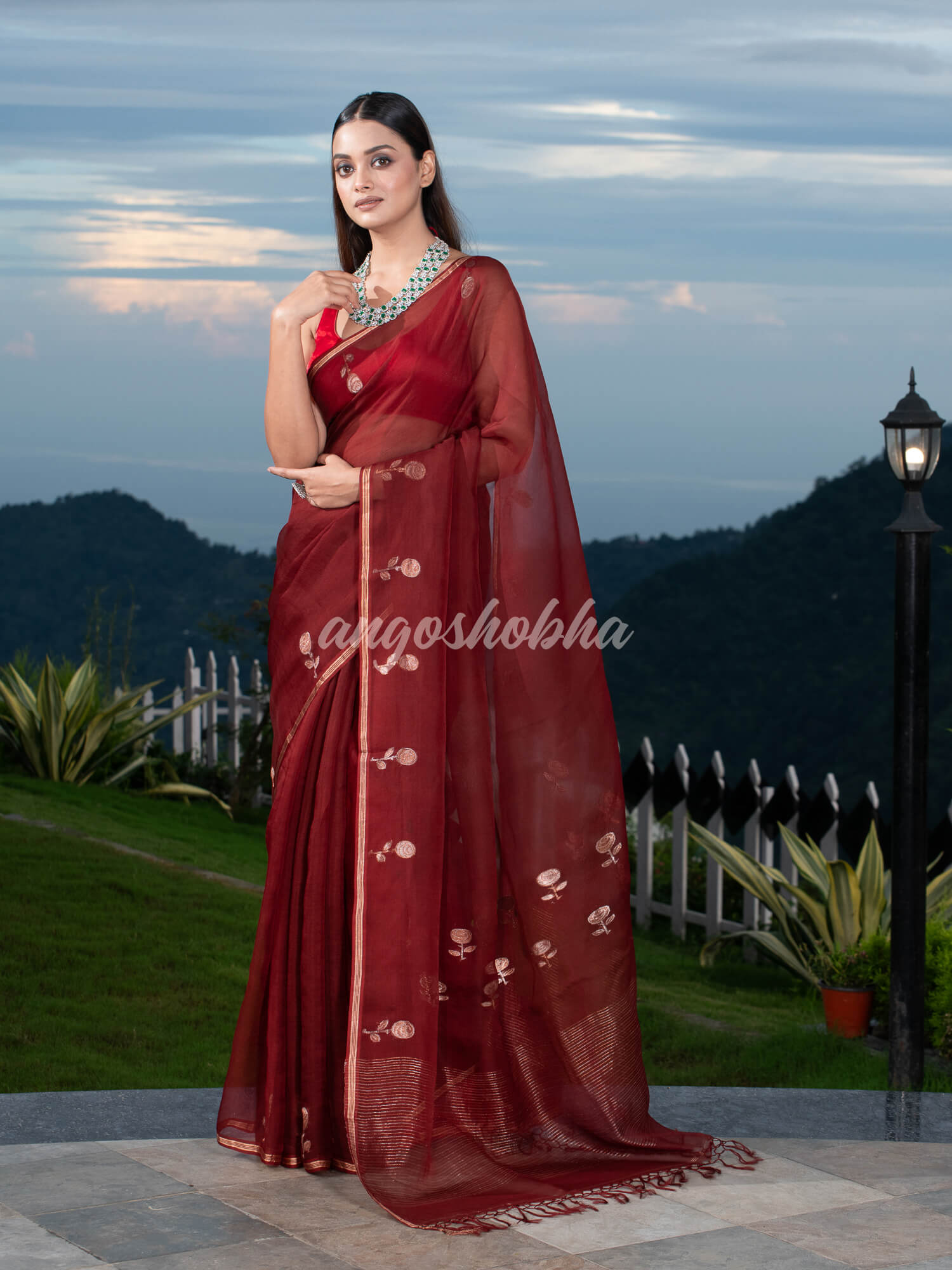 Traditional Marron Muslin Silk Zari Work Handloom Saree