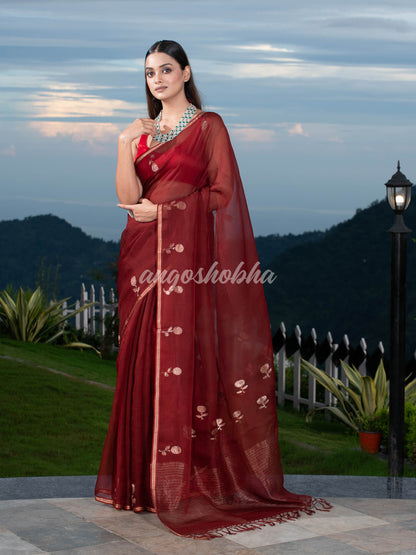 Traditional Marron Muslin Silk Zari Work Handloom Saree