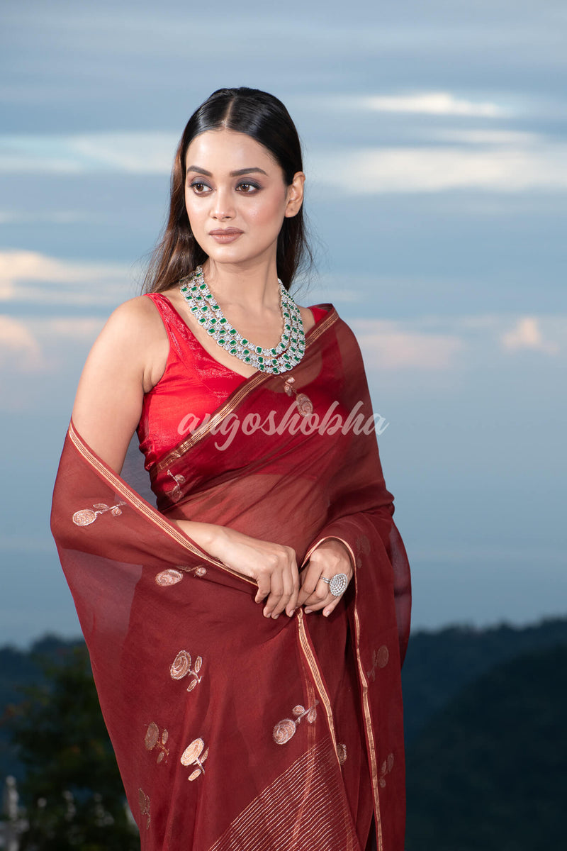 Traditional Marron Muslin Silk Zari Work Handloom Saree