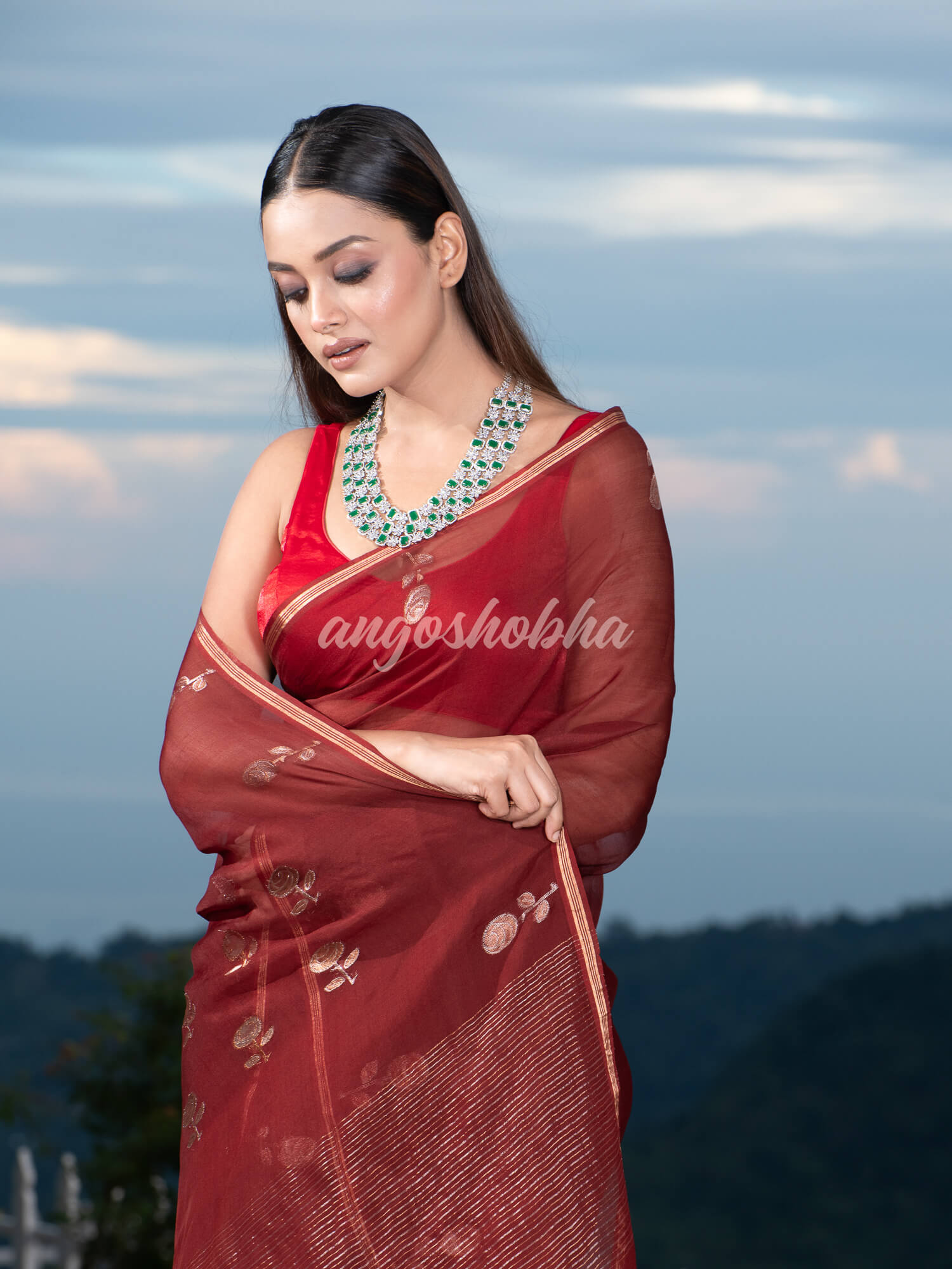 Traditional Marron Muslin Silk Zari Work Handloom Saree