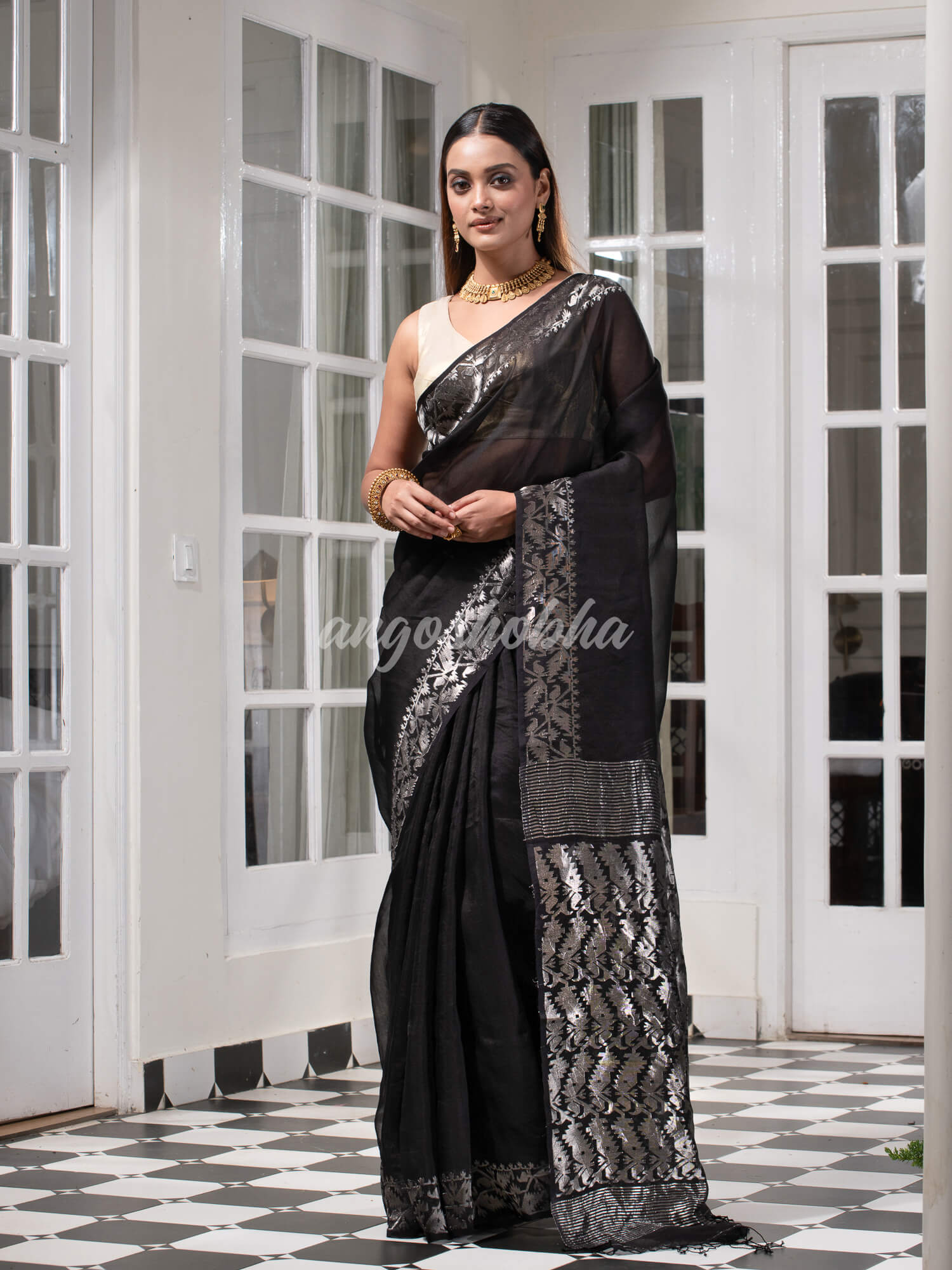 Traditional Black Muslin Silk Zari Work Handloom Saree