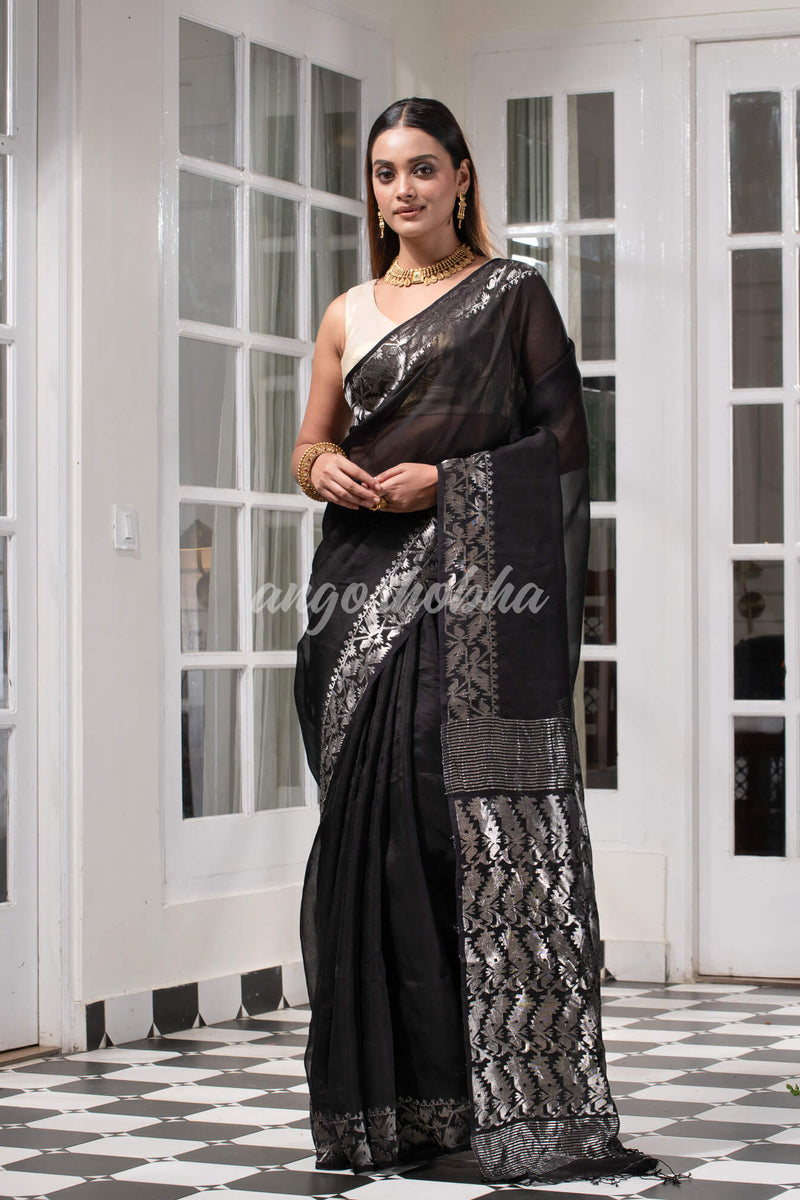 Traditional Black Muslin Silk Zari Work Handloom Saree