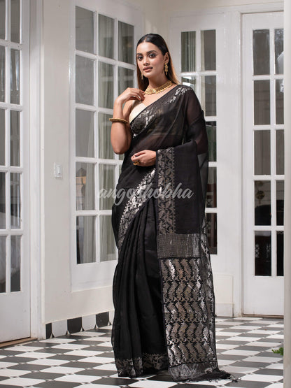 Traditional Black Muslin Silk Zari Work Handloom Saree