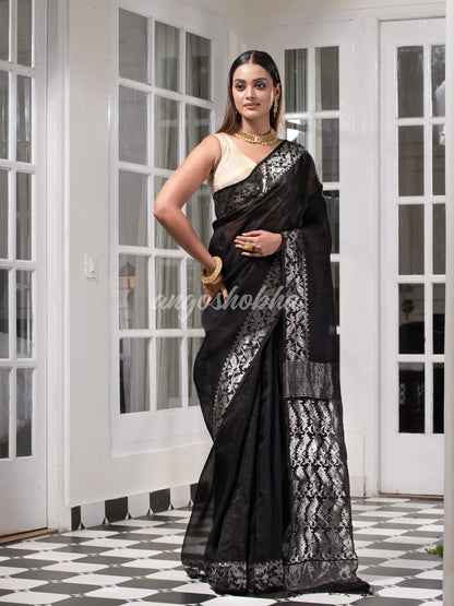 Traditional Black Muslin Silk Zari Work Handloom Saree