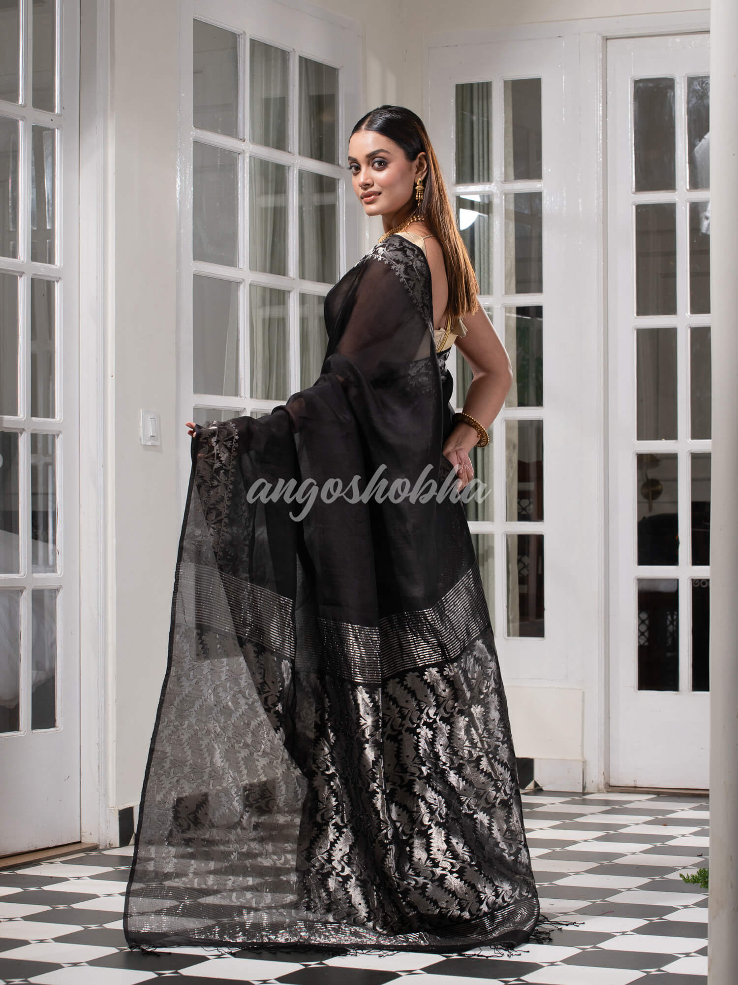 Traditional Black Muslin Silk Zari Work Handloom Saree
