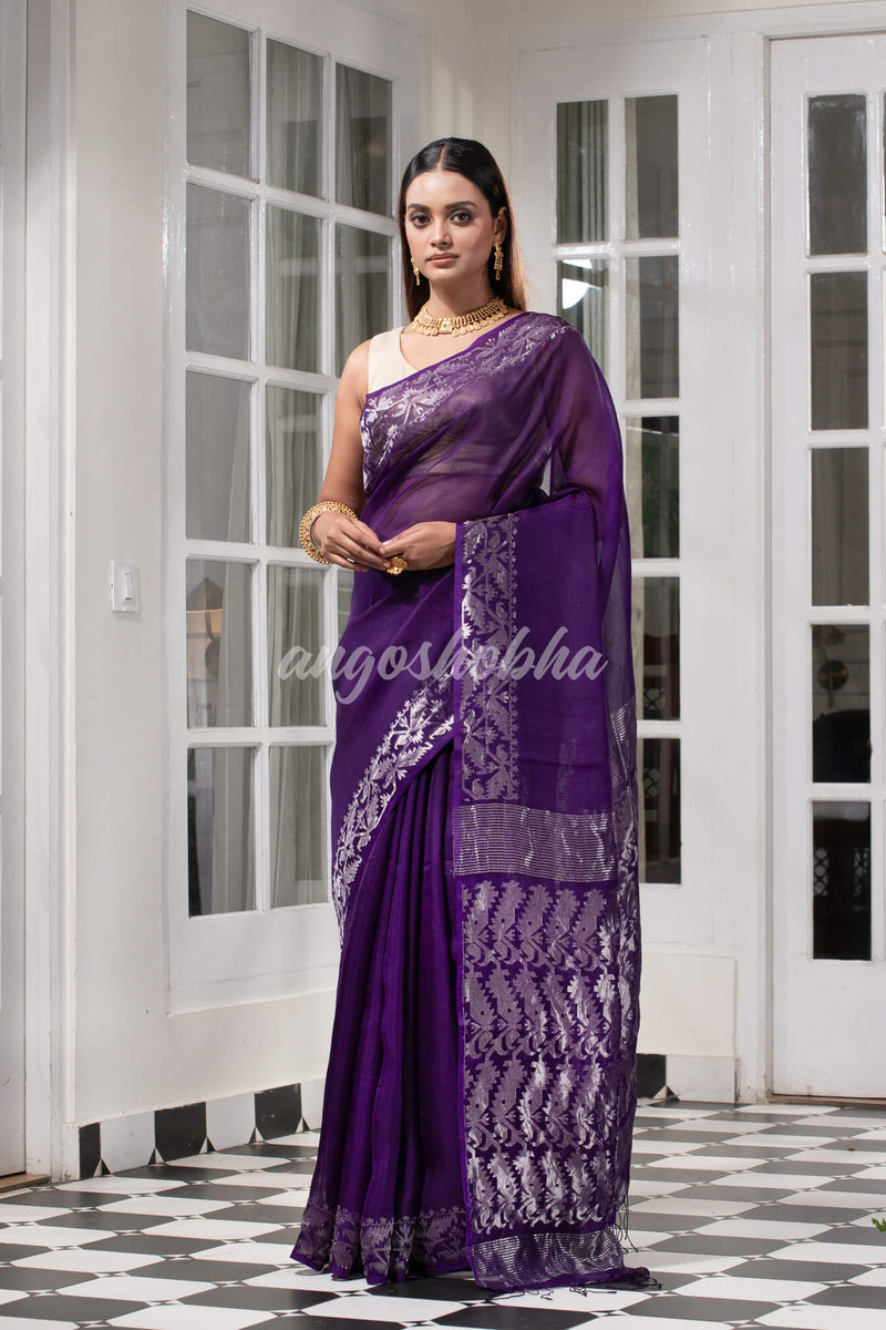 Traditional Purple Muslin Silk Zari Work Handloom Saree