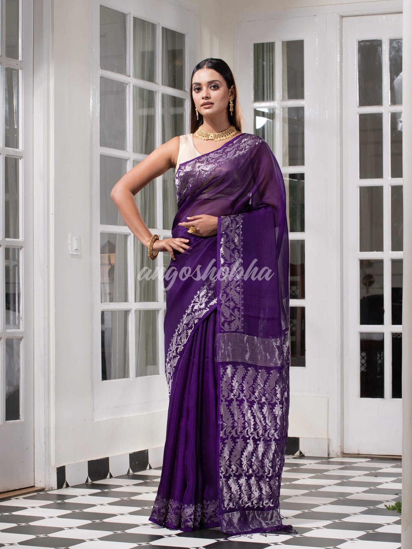 Traditional Purple Muslin Silk Zari Work Handloom Saree